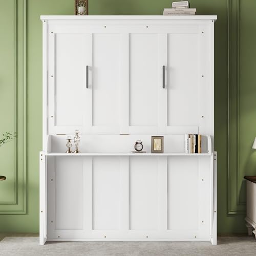 Ball & Cast Queen Size Murphy Bed W/Desk,Horizontal Hidden Wall Bed W/Gas Struts,Space-Saving Murphy Bed Cabinet for Home Office,Apartment,Guest Room,White Ball & Cast