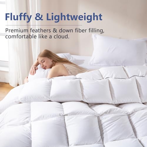 DOWNCOOL Feather Down Fiber Comforter Queen Size, 100% Cotton Ultra Soft Fluffy Duvet Insert Queen, All Season Luxurious Hotel Bedding Comforters with Corner Tabs, White 90"x90" DOWNCOOL