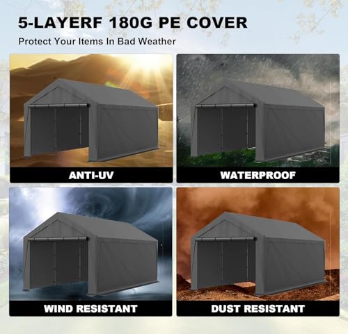 Carport, 10x20ft Heavy Duty Car Port, Portable Garage with Removable Sidewalls & Doors, Car Canopy with All-Season Tarp for Car Boat Truck Party (S-Grey) TANGJEAMER