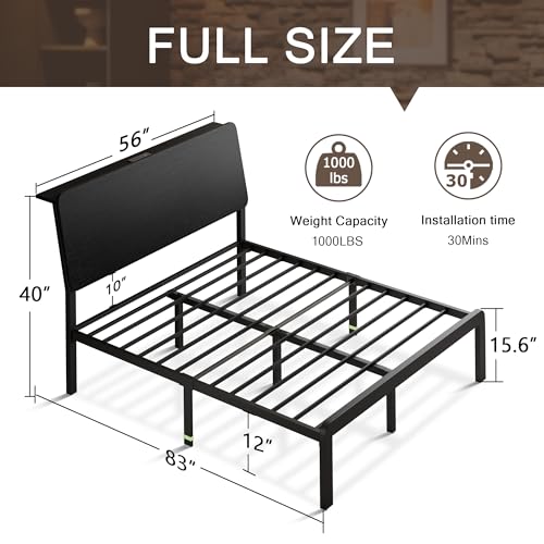Einhomn Full Bed Frame with Ergonomic Wooden Storage Headboard, LED Bed Frame with Charging Station, 12" UnderBed Storage, Heavy-Duty Metal Base, No Box Spring Needed, Easy Assembly, Black Einhomn