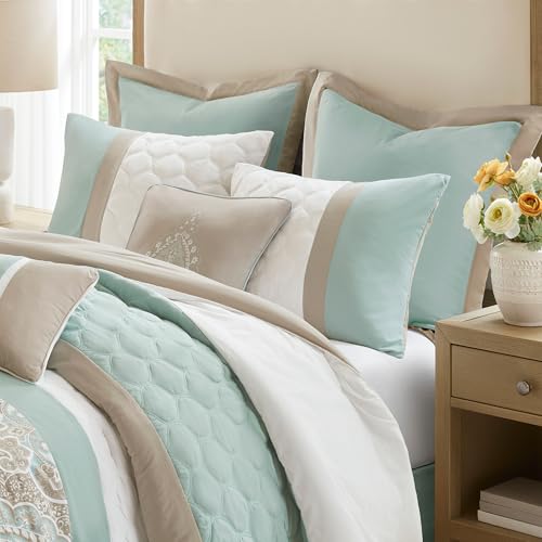 510 DESIGN Luxe Quilted Comforter Set Modern Transitional Design, All Season Down Alternative Warm Bedding Matching Shams, Bedskirt, Decorative Pillow, King, Shawnee Scrollwork Seafoam 510 DESIGN