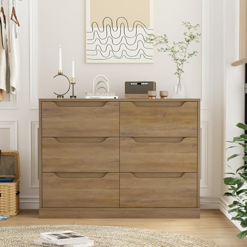 HOSTACK Modern 6 Drawer Dresser for Bedroom, Double Chest of Drawers with Storage, Large Wooden Storage Dresser Organizer with Cut-Out Handle, Accent Storage Cabinet for Living Room, Rustic Brown HOSTACK