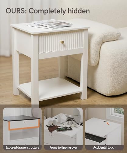Aylenic Night Stand with Gun Drawer, Nightstand Gun Safe White and Gold Bedside Table Handgun Safe Modern Fluted Bedroom Organiser Storage, Side Table Living Room Simple Aesthetic End Table Aylenic
