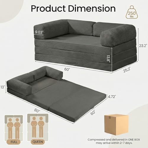 Tri-Folding Mattress Queen Futon Sofa Bed, Convertible Tri Fold Mattress Foldable with Removable Armrests & Washable Cover, 5 Inch Floor Mattress with High-Density Foam, Small Couch Bed, Queen, Grey Erament