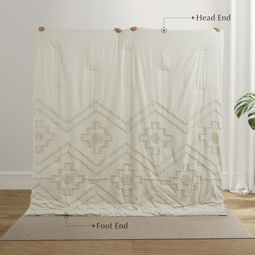Oli Anderson Boho Tufted Comforter Set Queen Size, 3 Pcs Soft Jacquard Bedding Set for All Seasons, Shabby Chic Farmhouse Bedding Set with Comforters for All Seasons (Beige, Queen) Oli Anderson
