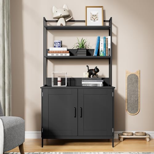 Cozy Castle Litter Box Enclosure with 2 Storage Shelves and 2 Doors, Hidden Cat Litter Box Enclosure Furniture with Shelf, Indoor Cat House Furniture for Most of Litter Box, Black Cozy Castle