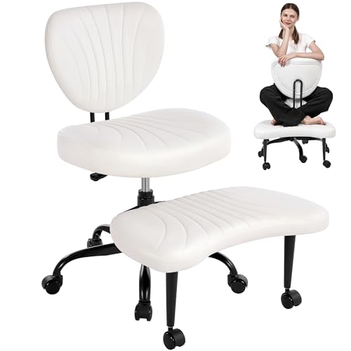 Cross Legged Office Chair, Ergonomic Criss Cross Chair with Wheels, 360° Swivel Height-Adjustable Meditation Chair for Yoga & ADHD, Wide Kneeling Chair with Strong Lumbar Support (White) BPY01W BEWISHOME