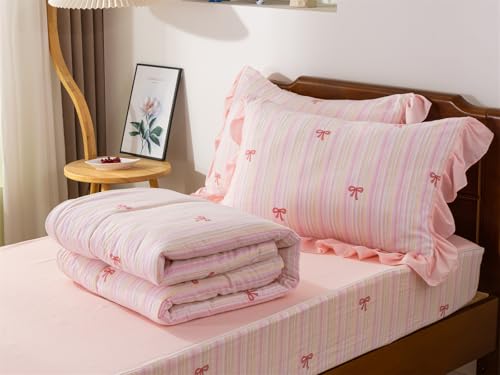Aimuan Zipper Bedding Pink Bow Printed on Rainbow Comforter Set Set Bowknot Twin Princess Kids Zippered Bedding Set Ultra Soft (Pink-Colorful, Twin) Aimuan