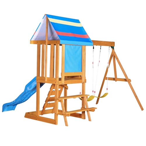 Merax Wooden Playground Sets for Backyards, 3 in 1 Swing and Slide and Climber Set Outdoor Playset for Garden Backyard, Blue Merax