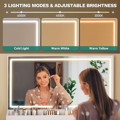 YITAHOME Vanity Desk with Mirror and Lights, RGB Cabinet, Extral Foldable Desk, Makeup Desk with Large Mirror and Power Outlets, Vanity Table Set Bedroom, Dressing Room, White YITAHOME