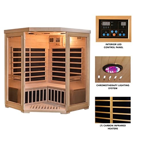 Heat Wave 3 Person Sauna Corner Fitting Infrared FIR FAR 7 Carbon Heaters Hemlock Wood MP3 Player 2 Speakers Color Therapy Light LED Control Panel Heat Wave