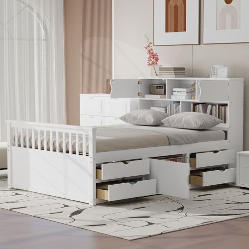 Merax Full Size Modern Captain Platform Bed Frame with Storage Shelves, 4 Drawers & Bookcase Headboard, White Merax