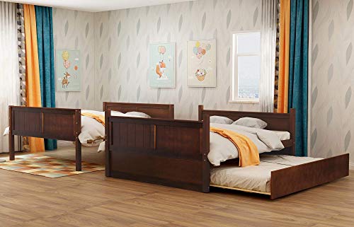NC Full Over Full Wood Bunk Bed with Twin Trundle Bed and Removal Ladder and Safety Rail, Can be Divided into 2 Beds, Walnut N\C