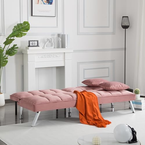 68" Modern Futon Sofa Bed,Convertible Sleeper Bed Couch with 4 Reclining Backrest with 2 Pillows,Comfy Velvet Cloud Sofa Loveseat for Living Room Bedroom Office (Rose Red) Jum Blueemo