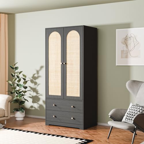 VINGLI Rattan Wardrobe Closet, Armoire Closet with Drawers & Hanging Rod, Armoire with Shelves and Doors, Wooden Wardrobe for Hanging Clothes, Black, 68.9" H VINGLI