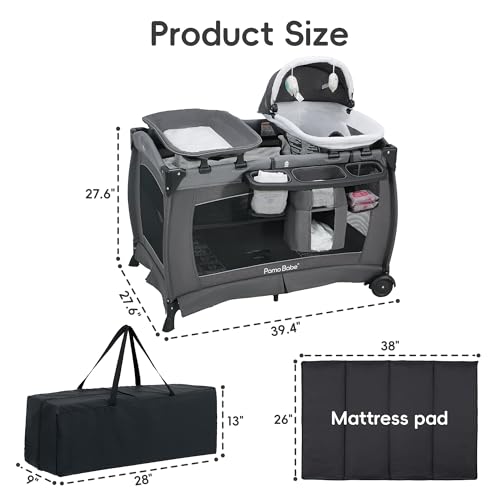 Pamo Babe Pack and Play with Bassinet Baby Playpen Foldable Playard with Changing Table Portable 4 in 1 Baby Playard