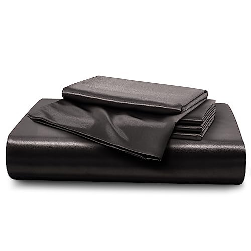 Horbaunal 5 Pieces Satin Duvet Cover Set Queen/Full Size Black Duvet Cover with Corner Ties & Zipper Closure, Luxury & Silky Bedding Set, 1 Duvet Cover and 4 Pillowcases (No Comforter) Horbaunal