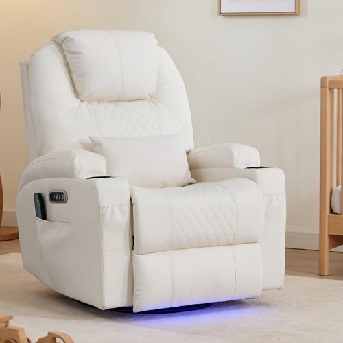 WISHDEER Dual Motor Power Swivel Rocker Recliner Chair for Adults, Rocking Chair Nursery Recliner with Massage and Heat,USB A&C Ports,LED Light,Cup Holders for Living Room Bedroom
