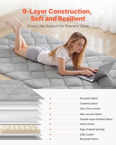 VEVOR 9-Layer Japanese Futon Mattress, 2.5" Thick Twin Tatami Mat, Foldable Roll Up Mattress for Sleeping with Storage Bag, Portable Floor Mattress for Camping Dormitory Yoga, Gray VEVOR