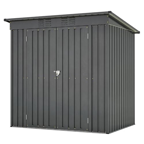 Jintop 6x4 FT Galvanized Steel Garden Sheds with Ventilation and Sloped Roof, Metal Storage Locker Includes A Lock,Key & Hinged Doors,2 Pairs of Gloves,for Tool,Equipment,Black Jintop