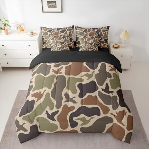 Erosebridal Duck Hunting 7 Pieces Bed Set Twin Size Army Camo Comforter Set Kids Boys Green Camouflage Military Bed in A Bag with Comforter Wild Woodland Sheet Set Farmhouse Room Decor Erosebridal
