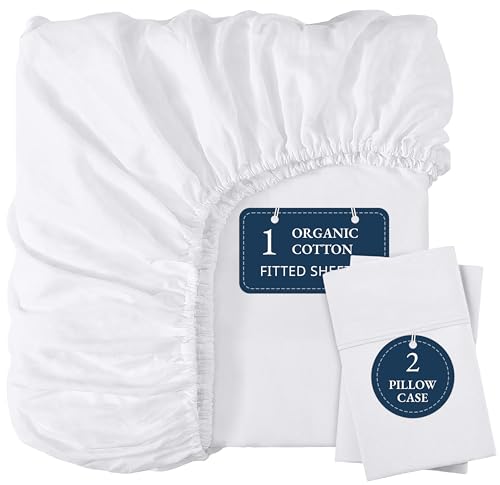 LANE LINEN Fitted Sheet Full Size, 100% Organic Cotton, 3-Piece Set (1 Fitted Sheet, 2 Pillowcases) Percale Weave, Bed Fitted Sheets, Breathable, Fits Mattress Upto 15" Deep - White (No Flat Sheet) LANE LINEN