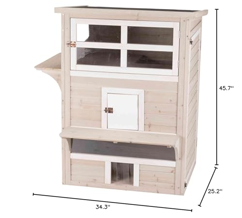 TRIXIE Outdoor Cat House, Weatherproof 3-Story Cat House with Multiple Levels, Doors & Windows with Latches, Outdoor Shelter for Cats, Brown/White Fir Wood TRIXIE