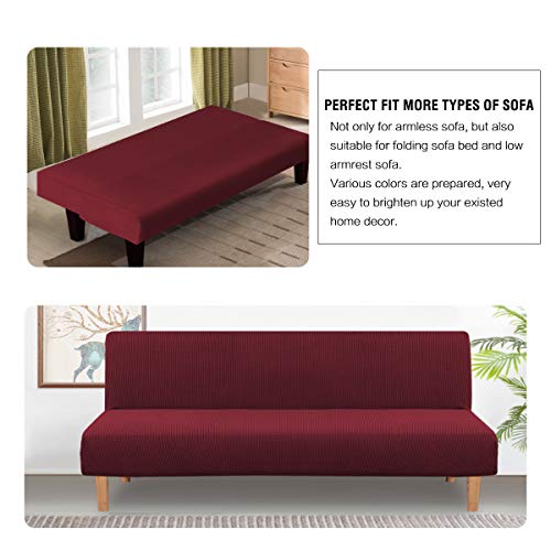 H.VERSAILTEX Armless Futon Cover Stretch Sofa Bed Slipcover Protector Elastic Feature Rich Textured High Spandex Small Checks Jacquard Fabric Futon Cover, Machine Washable, Burgundy Red H.VERSAILTEX