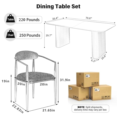 HAIZAO 71" White Oval Dining Table Set for 6, 7 Piece Modern Kitchen Table & 6 Upholstered Boucle White Dining Chairs with Gold Armrests for Kitchen, Dining Room, Meeting Room HAIZAO