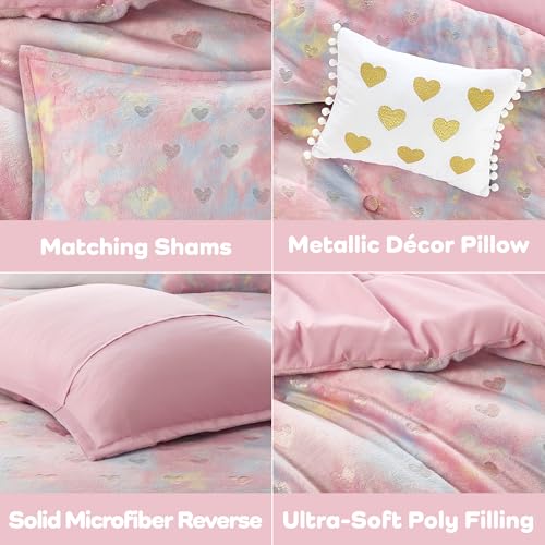 Intelligent Design Queen Comforter Set, 4 Piece Metallic Hearts Bedroom Set for Girls, Queen Bed Set Soft Plush Comforter, Rosalie All Season Fluffy Bedding Set, Full/Queen, Pink Multi/Gold 4 Piece Intelligent Design