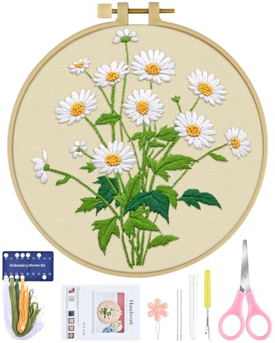 ERKOON Embroidery Kit for Beginners, Flower Cross Stitch Set Include Embroidery Cloth Hoops Threads for Craft Lover Hand Stitch with Embroidery Skill Techniques (Daisy)