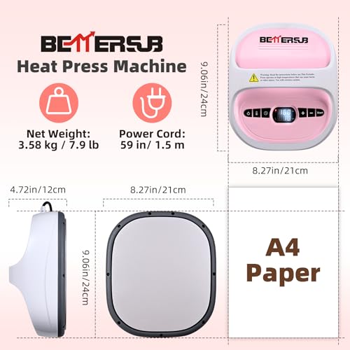 BetterSub Heat Press Machine for T-Shirts, Portable Heat Press, Iron Press for Sublimation and HTV Vinyl Shirt Press Machine for Hat, Bags, Heating Transfer Projects (8.27"×9.06" Pink) BetterSub