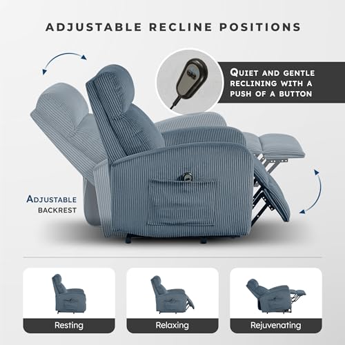 Lexicon Power Lift Recliner Chair for Elderly with Remote Control, Gentle Lift Motion, Side Pocket Armrest, Corduroy Upholstered Electric Recliner for Living Room/Bedroom, Easy Assembly, Midnight Blue
