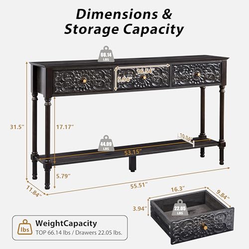 weselon 55.5" Carved Console Table with 3 Drawers, 2-Tier Sofa Table with Glossy Floral Surface and Solid Wood Legs, Mid-Century Modern Entryway Table for Living Room Hallway (Antique Black-Brown) weselon