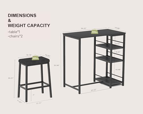 YHUBHSIS 3-Piece Dining Table and Chairs Set, 2-Person Kitchen Table and Chairs Set,with 3 Large Storage Shelves, for Kitchen Breakfast Table, Living Room, Bar, Small Space, Apartment (Black) YHUBHSIS