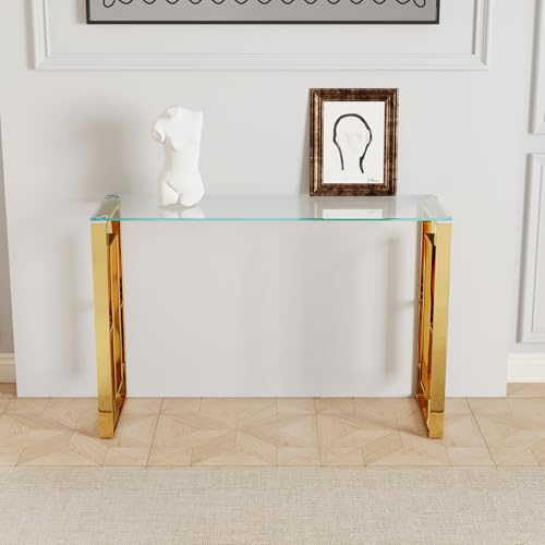 Glass Console Table, Modern 47.2'' Entryway Table, Glass Top with Stainless Steel Base, Metal Hallway Narrow Sofa Table Suitable for Entrance, Living Room(Gold) Sunitar