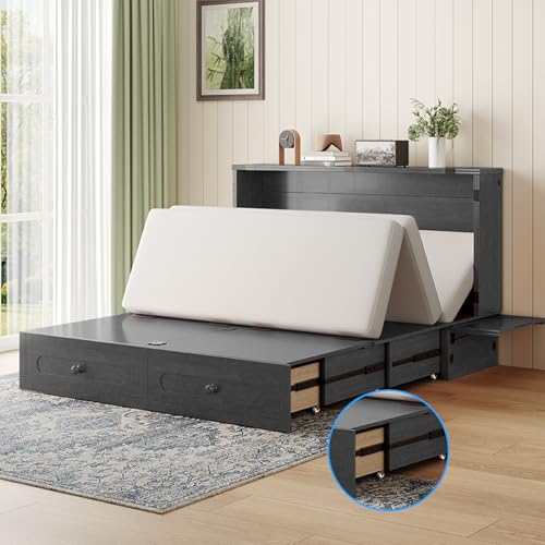PUREMIND Murphy Bed Queen with Mattress Included - Solid Wood - Hideaway Cabinet Bed with Storage Drawers, USB Charging Ports - Space Saving Wallbed for Home, Guest Room, Gray PUREMIND
