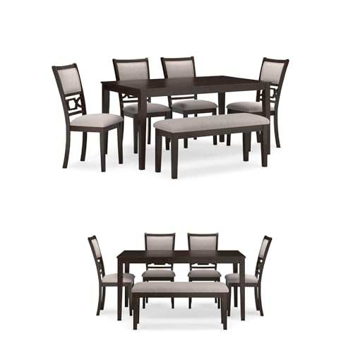 Signature Design by Ashley Langwest Dining Room Table Set, 4 Upholstered Chairs and Bench, Seats 6, Cushioned Seats, Wood, Cherry Brown Signature Design by Ashley