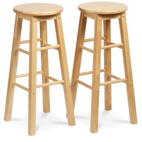 PJ Wood 29 Inch Tall Classic Round Seat Kitchen Counter Bar Stools 2 Pack with 4 Square Legs for Homes, Dining Spaces, and Bars, Natural PJ Wood