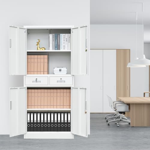 YEEZER Metal Storage cabinets, with 2 Adjustable Shelves, Lockable 71 "H Steel Garage Cabinet with 2 Drawers, Suitable for Offices, garages, Warehouses, Schools, and Homes (White) YEEZER