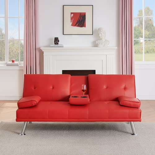 Futon Sofa Bed Modern Folding Couch for Small Space, Faux Leather Convertible Loveseat Sleeper Bed Daybed Recliner Lounge Sofas for Living Room,2 Cup Holders,Metal Legs,Removable Armrests (Red) Anwick