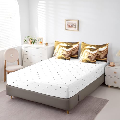 Erosebridal Comforters King Size Set with Sheets for Kids Gold White Marble Bedding,7 Pieces Bed in a Bag King Modern Bedding Sets with Comforter, Sheets, Pillowcases and Cushion Cases Erosebridal