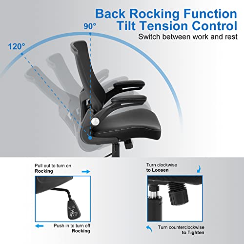 Office Chair Ergonomic Desk Chair, Computer PU Leather Home Office Chair, Swivel Mesh Back Adjustable Lumbar Support Flip-up Arms Executive Task Chair X XISHE
