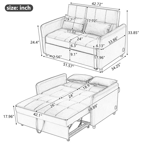 Love Seat Sleeper Bed, Pull Out Couch Bed with USB Charging Ports, 3 in 1 Faux Leather Loveseat Sleeper Sofa Bed, Pull Out Sofa Bed with Adjustable Backrest for Living Room, Bedroom, Apartment-Brown Heliodeck