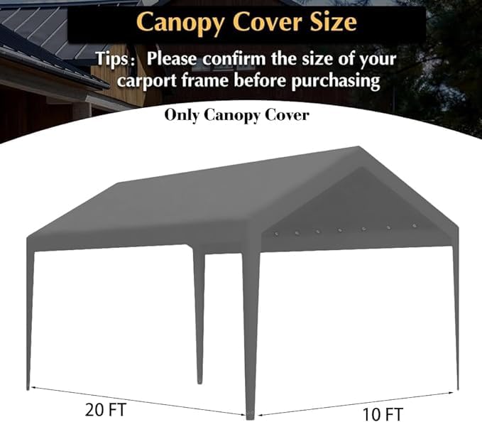 Rutile 10 x 20 FT Carport Replacement Cover - Heavy Duty Car Tarp Canopy Tent Garage Top Shelter With Fabric Leg Pole Skirts and Ball Bungees - Gray (Only Top Cover, Frame Not Included) Rutile