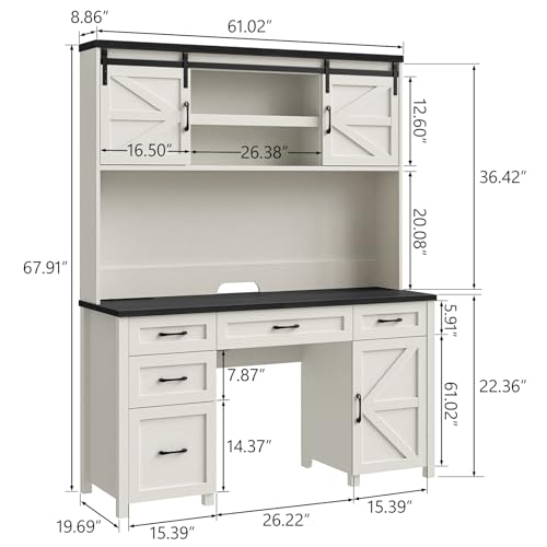 Farmhouse 67" H Executive Desk with Hutch,Office Desks with 5 Drawers, Computer Desk with Storage Cabinet & File Drawers and Charging Station, Wood Workstation for Home Office and Study.(Black). Halitaa
