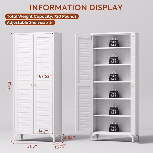 GangMei Metal Kitchen Pantry Cabinet with 2 Doors,Metal Pantry Cabinet with 5 Adjustable Shelves for Kitchen,Home,74.2" H × 31.5" W × 15.75" D,Required Assembly, White GangMei