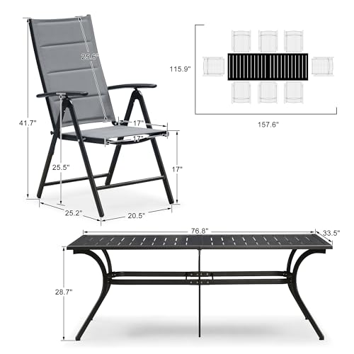 PURPLE LEAF 9 Pieces Outdoor Patio Dining Set with 8 Folding Portable Chairs and 1 Rectangle Aluminum Table, Foldable Adjustable High Back Reclining Chairs with Soft Cotton-Padded Seat, Grey PURPLE LEAF