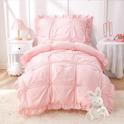 Wowelife Princess Toddler Bedding Set for Girls, Boho Toddler Bed Set, 4 Pieces Ruffles Jacquard Embroidery Toddler Comforter with Comforter, Fitted Sheet, Flat Sheet and Pillowcase, Pink Wowelife