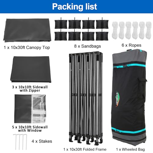 COBIZI 10x30 Pop up Canopy Tent 10x30 Canopy with 8 Sidewalls Waterproof Heavy Duty Commercial Tent for Parties Outdoor Garden Gazebo, Carry Bag with Wheel(10x30ft, Black) COBIZI